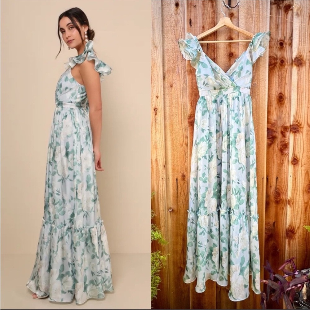 Light Blue and Sage Green Floral Ruffled Sleeve Chiffon Maxi Dress 🌿